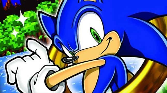 Sonic stands within a gold ring and smiles at the viewer. 