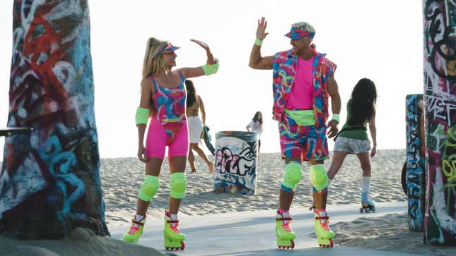 Margot Robbie and Ryan Gosling in rollerblade gear in Barbie