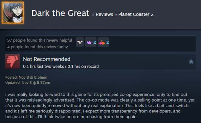 A screenshot shows a Steam user review of Planet Coaster 2.