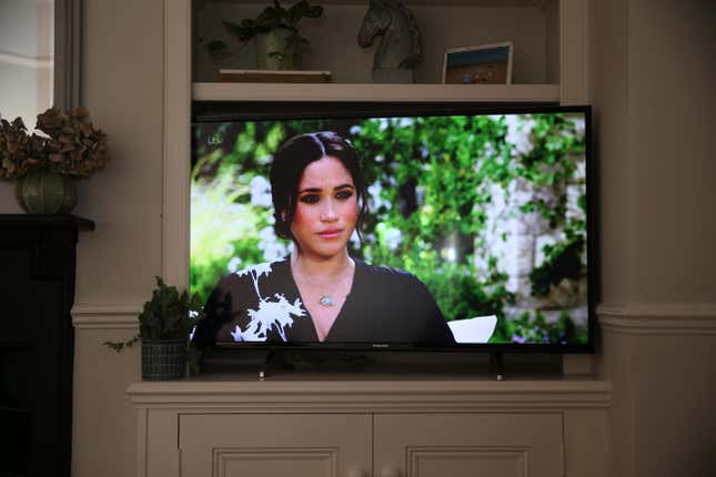 LONDON, ENGLAND - MARCH 08: Meghan, Duchess of Sussex is interviewed by Oprah Winfrey on British Television on March 08, 2020 in London, England. The interview first aired in the US on Sunday 7th March on CBS and in the UK on Monday 8th March on ITV. 