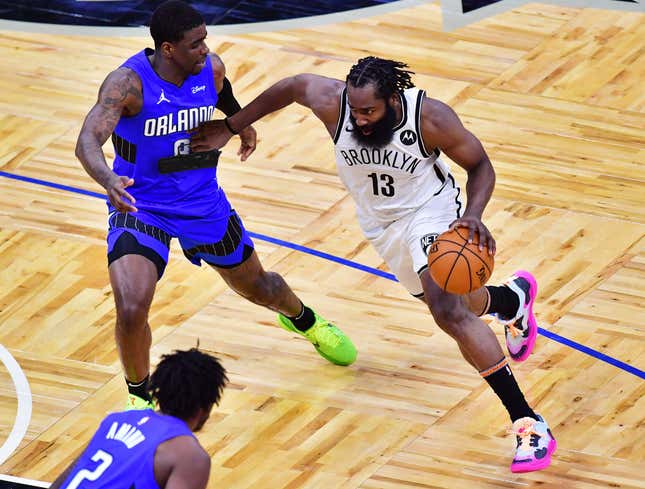 Image for article titled Frustrated James Harden Tries To Draw Foul By Planting Gun On Defender