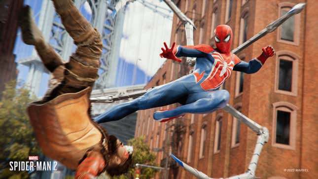 This video game image released by Sony Interactive Entertainment shows a scene from &quot;Marvel&#39;s Spider-Man 2.&quot; (Sony Interactive Entertainment via AP)