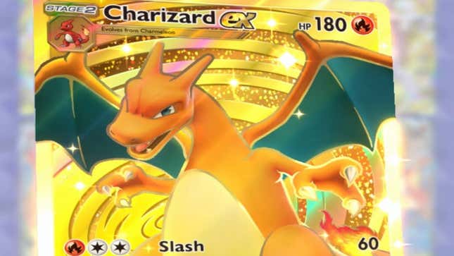 A screenshot shows a closeup of a rare Charizard ex card with a gold background.