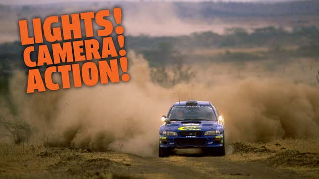 A photo of a rally car with the caption "Lights! Camera! Action!" 