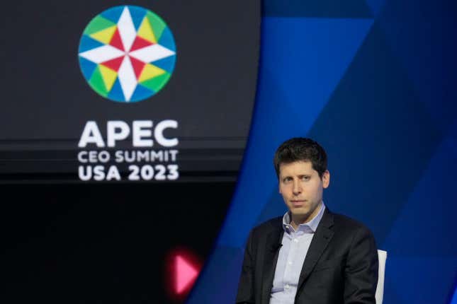 Open AI CEO Sam Altman participates in a discussion entitled &#39;Charting the Path Forward: The Future of Artificial Intelligence&quot; during the Asia-Pacific Economic Cooperation (APEC) CEO Summit, Thursday, Nov. 16, 2023, in San Francisco. (AP Photo/Eric Risberg)