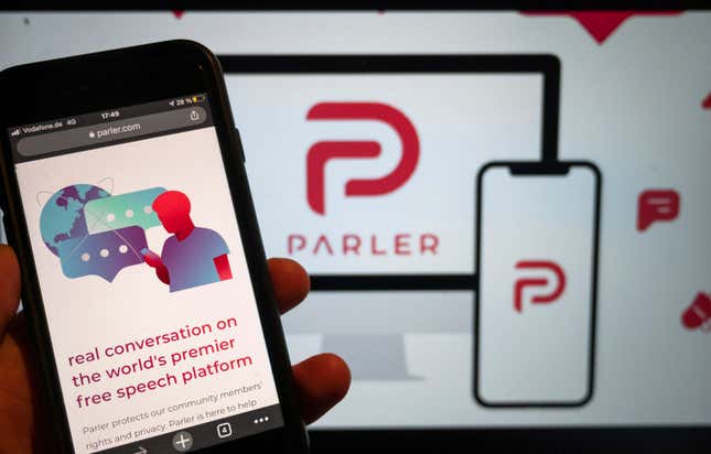 FILE - The website for the social media platform Parler is seen, Jan. 10, 2021, in Berlin. The social media platform Parler, which caters to right-wing voices and was temporarily booted offline following the Jan. 6, 2021, insurrection, is relaunching ahead of the 2024 presidential elections. (Christophe Gateau/dpa via AP, File)