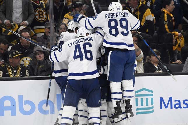 Apr 30, 2024; Boston, Massachusetts, USA; The Toronto Maple Leafs celebrate their overtime win over the Boston Bruins in game five of the first round of the 2024 Stanley Cup Playoffs at TD Garden.