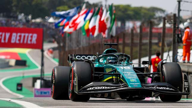 Lance Stroll driving his Aston Martin F1 car into the pitlane at the Brazilian Grand Prix