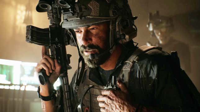 Le soldat McSoldierface tient un gros fusil à la verticale près de sa tête casquée, l’air très déterminé à faire la guerre.