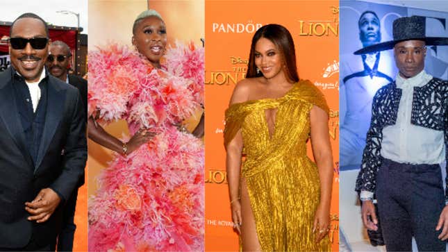 (L-R): Eddie Murphy attends LA Premiere Of Netflix’s “Dolemite Is My Name” on Sept. 8, 2019, in Westwood, Calif.; Cynthia Erivo attends the premiere of Focus Features’ “Harriet” on Oct. 29, 2019, in Los Angeles; Beyonce Knowles-Carter attends the European Premiere of Disney’s “The Lion King” on July 14, 2019, in London; Billy Porter attends the FX Network’s “Pose” Season 2 Premiere - After Party on June 5, 2019, in New York City. 