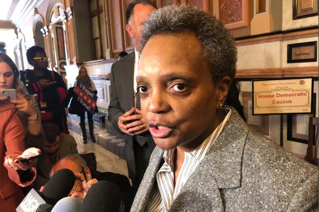 Chicago Mayor Lori Lightfoot speaking to reporters