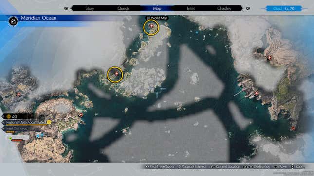 Ein Screenshot der Weltkarte von Final Fantasy VII Rebirth zeigt zwei Orte in der nördlichen Region.
