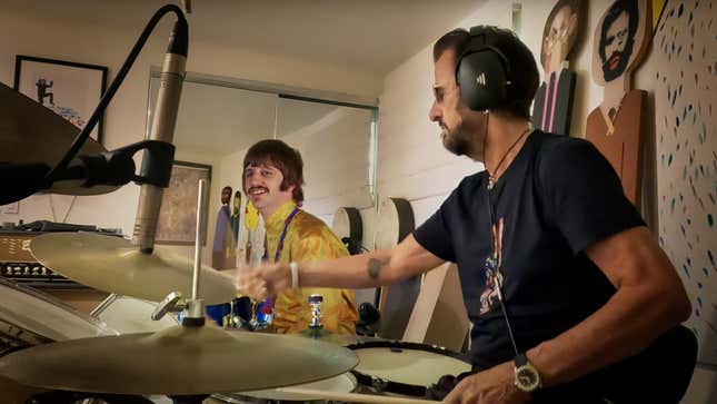 Two Ringo stars, one young and one old, playing drums next to each other.