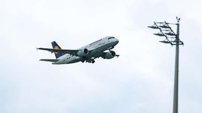 A Lufthansa A319 passenger plane takes off from Munich Airport during the presentation of the new Allegris premium service on April 25, 2024 near Freising, Germany.