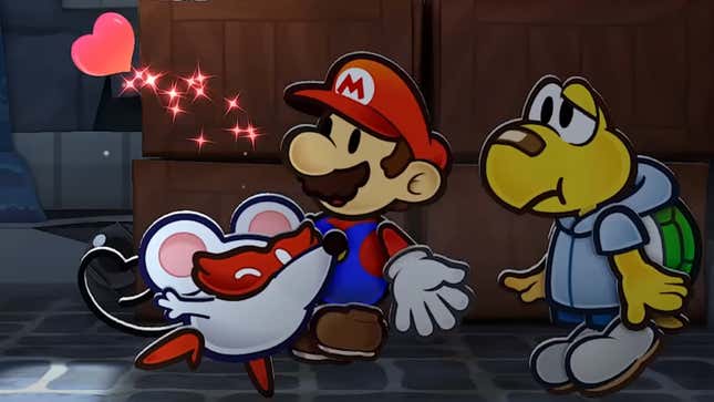 Paper Mario is kissed by a masked mouse.