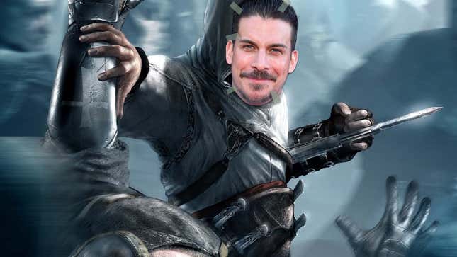 An assassin wields his hidden blade, with an image of Jax Taylor's visage taped onto the assassin's face.