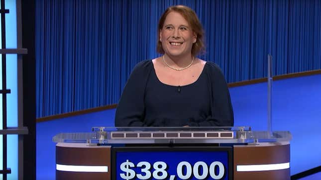 Amy Schneider smiles for the camera while participating on Jeopardy!