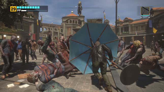 Sadly the parasol didn't make the list, but Frank uses it here to knock down a lot of zombies.