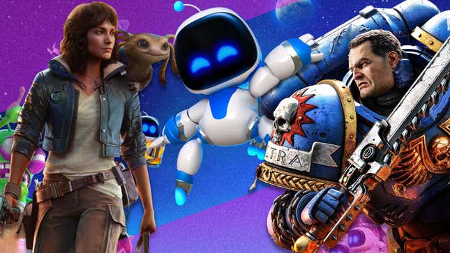 Characters from Star Wars, Astro Bot, and Warhammer against a purple and blue background.