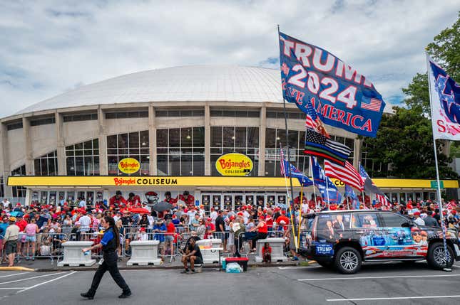 Supporters of Republican presidential nominee former President Donald Trump wait in line ahead of a campaign rally at the Bojangles Coliseum on July 24, 2024 in Charlotte, North Carolina. The rally is the former president’s first since President Joe Biden announced he would be ending his reelection bid. 