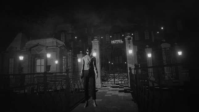 A woman stands outside a hotel