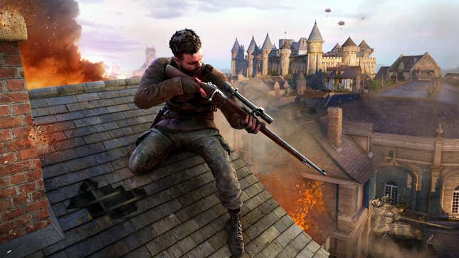 A sniper is perched on a building in a warzone.