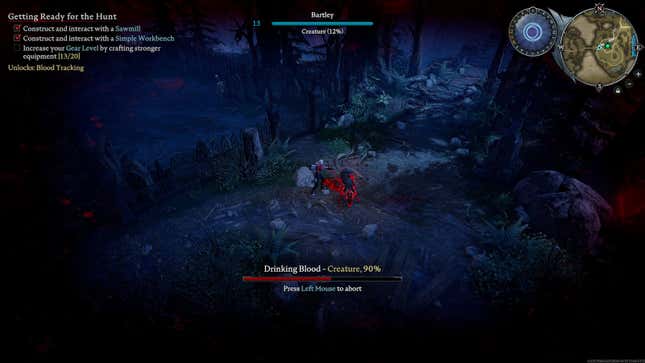 A V Rising gameplay screenshot shows a character drinking blood, with the blood described as "Creature, 90%"