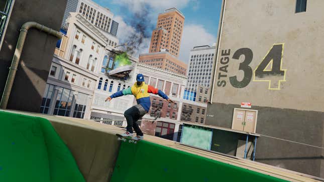A skateboarder grinds in a skatepark while a UFO has crashed into a building behind them.