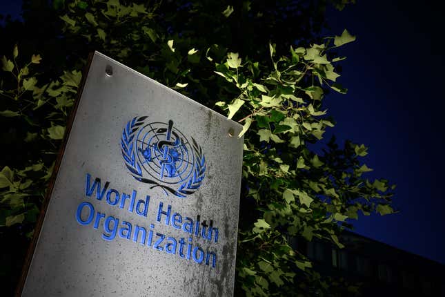  a sign of the World Health Organization (WHO) at their headquarters in Geneva