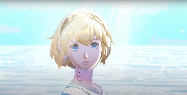 A screenshot of Aigis, the main character of Persona 3 Reload's DLC, with the ocean behind her.