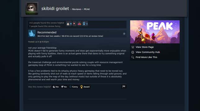 Image for article titled Peak, As Told By Steam Reviews