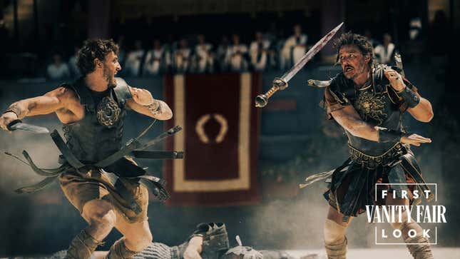 Pedro Pascal and Paul Mescal fight as gladiators.