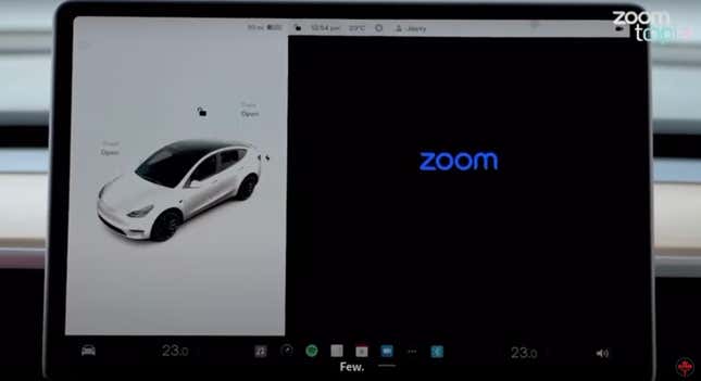 What Tesla Model Y owners will see when using the Zoom app on their car's infotainment system. On the lefthand side of the screen is a Tesla while the righthand side of the screen displays the Zoom call.