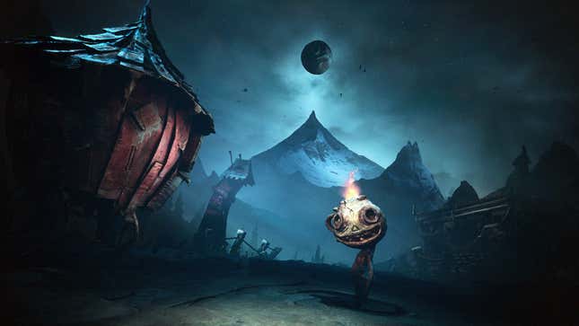 A creepy creature with a jar for a head stands in a bleak fantasy world.