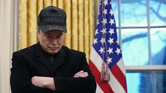 Musk, pictured mid-realization that money and power and spite don’t actually make people like you