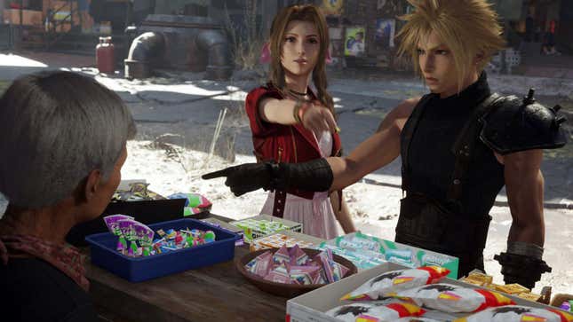 Aerith and Cloud pick candy from a vendor.