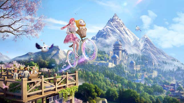 Nikki soars through the air on a bicycle, with Momo riding the front inside a basket.