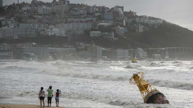 A buoy became that untethered during heavy swell brought by Typhoon Maysak overnight on a beach in Busan on September 3, 2020.
