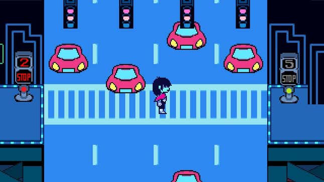 A Deltarune character is shown walking across the street.