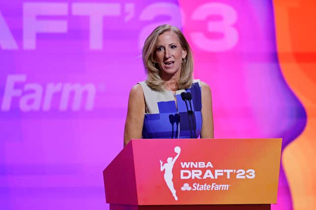 FILE - Commissioner Cathy Engelbert speaks at the WNBA basketball draft Monday, April 10, 2023, in New York. The WNBA Draft will have a new home this year and for the first time in eight seasons have the space for 1,000 fans to attend. “We are focused on creating elevated events that WNBA fans won’t want to miss, at a time when the energy for the WNBA has never been higher,” Engelbert said.(AP Photo/Adam Hunger, File)