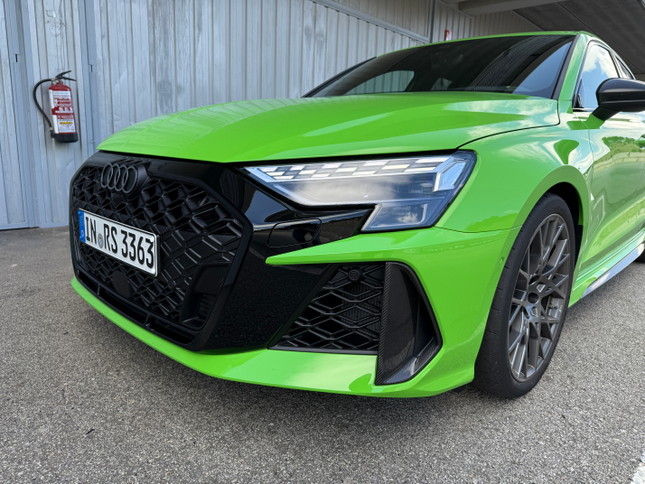 The front of the green 2025 Audi RS3