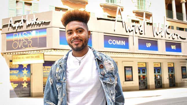 Broadway stage manager Cody Renard Richard stands outside the August Wilson Theatre, where Pass Over is one of several Black-led productions reopening Broadway this season.