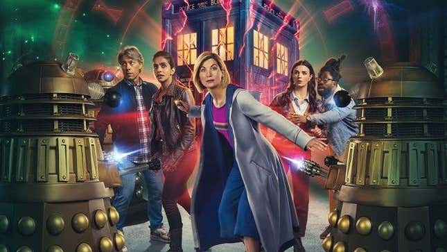 Doctor Who promo image showing the Doctor and her companions being threatened by Daleks. 