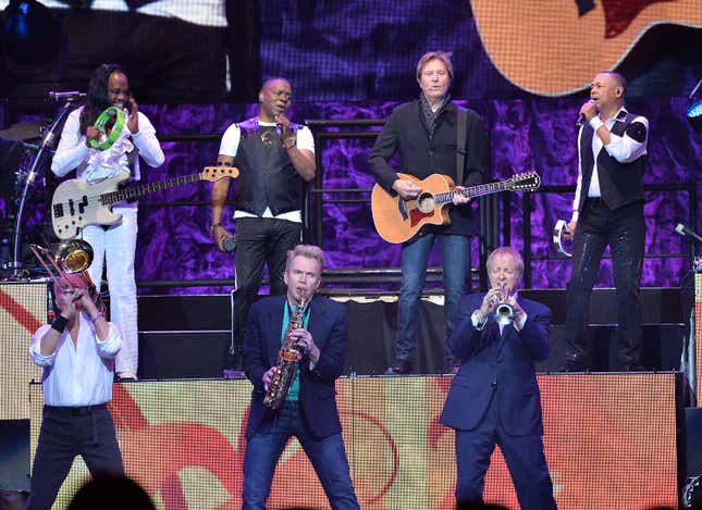 NEW YORK, NY - APRIL 18: Verdine White, Philip Bailey and Ralph Johnson (R) of Earth, Wind and Fire, James Pankow and Lee Loughnane of Chicago perform during the Heart and Soul 2.0 Tour featuring Chicago and Earth Wind and Fire at Madison Square Garden on April 18, 2016 in New York City.