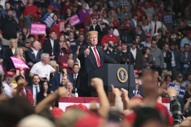 President Donald Trump speaks to supporters during a rally at the Van Andel Arena on March 28, 2019 in Grand Rapids, Michigan. Grand Rapids was the final city Trump visited during his 2016 campaign. 