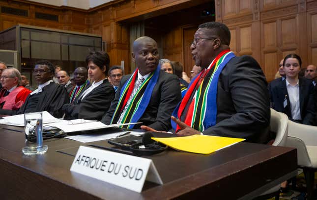 THE HAGUE, NETHERLANDS - JANUARY 11: Vusimuzi Madonsela, South African Amabassador in the Netherlands, and Ronald Lamola, South African Minister of Justice prepare to attend a heraring as South Africa has requested the court to indicate measures concerning alleged violations of human rights by Israel in Gaza on January 11, 2024 in The Hague, Netherlands. Over the dates of January 11 and January 12 at the International Court of Justice (ICJ), the judicial body of the United Nations, in The Hague, has been asked by South Africa to rule on possible acts of “genocide” in the Gaza Strip by Israel.