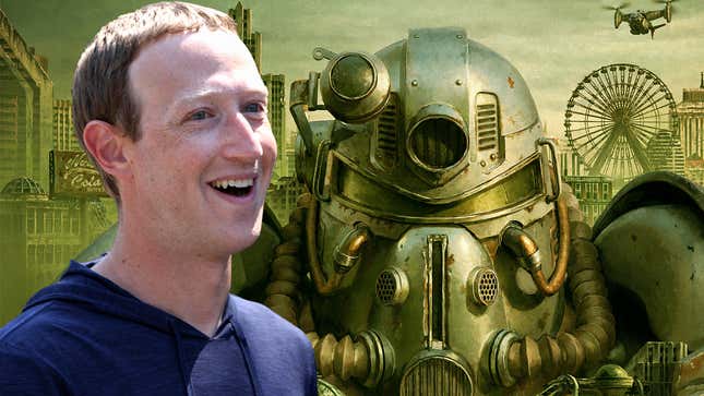Mark Zuckerberg laughs at a suit of power armor. 