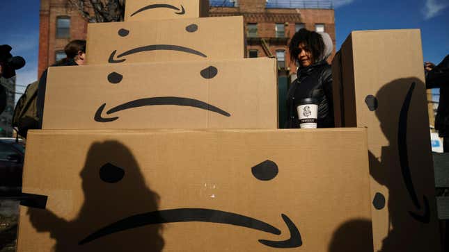 Boxes with the Amazon logo turned into a frowny face