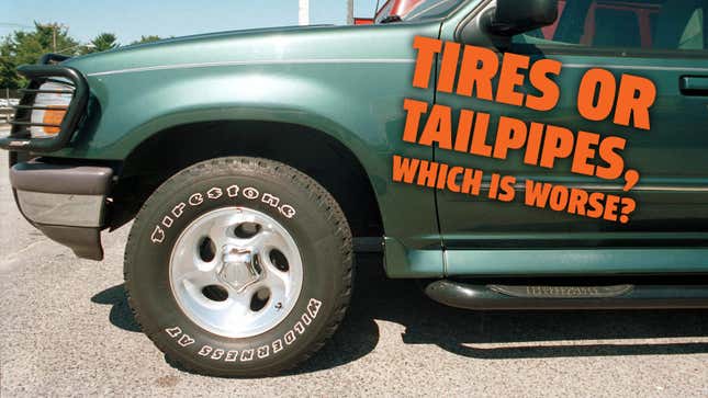 A photo of the front left tire on a green SUV with the caption "tires or tailpipes, which is worse?" 