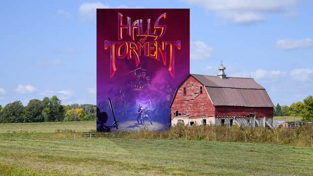 An image shows a massive game box near a barn in an empty field. 